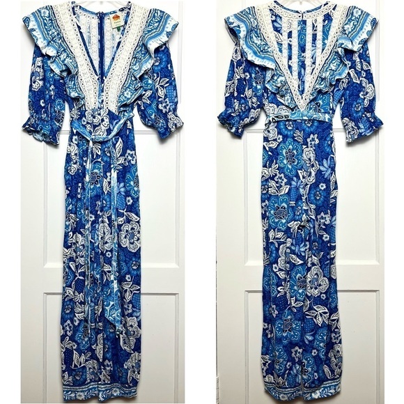 FARM RIO Linen Floral Paisley Puff Sleeve Ruffle Lace V-Neck Tie Belt Jumpsuit S - Picture 12 of 16